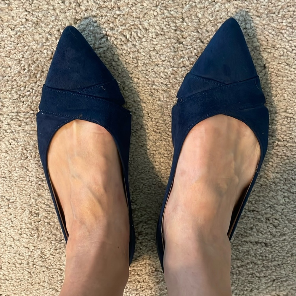Faux suede pointed toe navy flat.